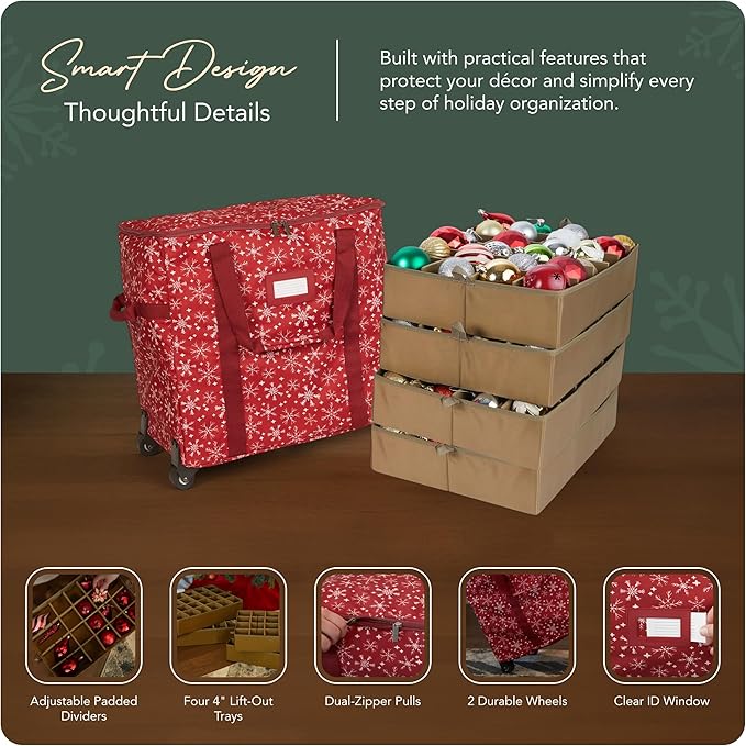 Covermates Keepsakes Rolling Adjustable Ornament Storage Bag – Heavy-Duty Polyester, FlexGrid Trays & Padded Dividers – Protective Holiday Organizer with Wheels, Handles & ID Window, Red Snowflake