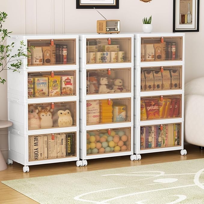 4 Tier Plastic Storage Bins with Lid 28QT - Stackable Storage Containers with Wheels, Folding Storage Boxes, Collapsible Storage Bins, Organizers and Storage