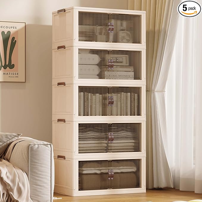SAILUN 145Gal/580Qt Stackable Storage Bins Folding Collapsible Storage Bins with a Lid, Closet Organizers and Storage,Blush White 26" W x 17" D x 71" H