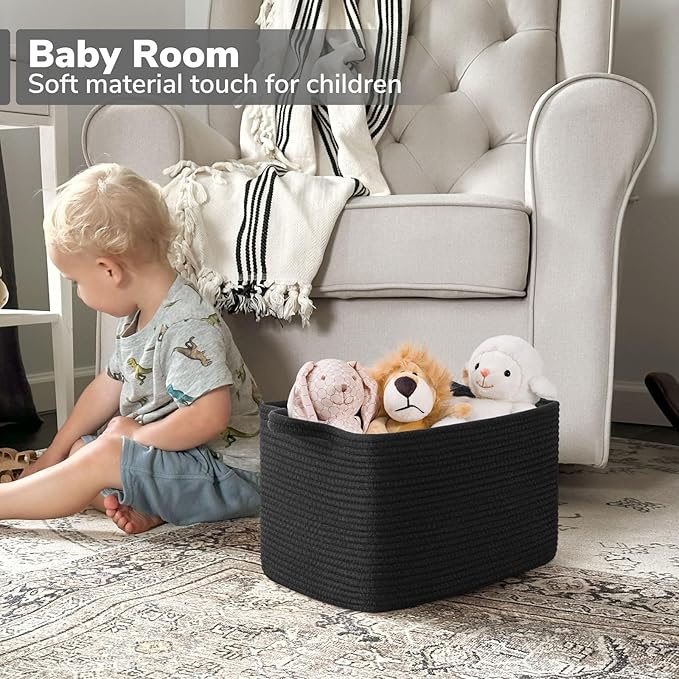 Goodpick Woven Storage Baskets for Organizing, Cotton Rope Organizer for Living Room Bedroom, Black Laundry Basket with Handles, Stylish Gift Baskets for Baby Boys, 13"x10"x9"