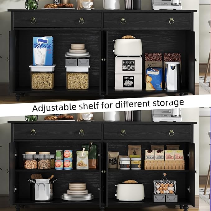 4 EVER WINNER Buffet Cabinet with Storage, 55" Black Sideboard Buffet Cabinet with Drawers and Doors, Coffee Bar for Dining Room