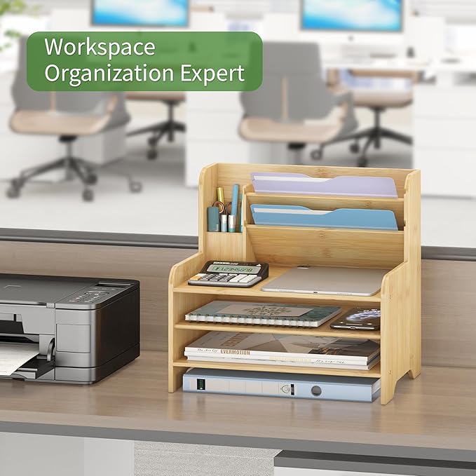 Desk File Organizer - 6-Tier Desktop Mail Letter Tray Paper Document Organizer with Pen Holder for Home Office Supplies, Office Desk Accessories & Workspace (Nature)