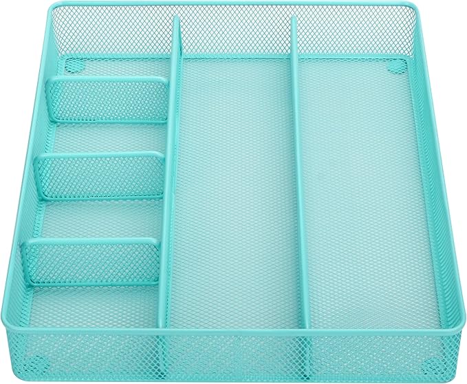 Annova Desk Top Organizer Tray for Office Organization - Metal Mesh - Storage Tray with Dividers for Pens, Desktop Accessories, Bathroom, Kitchen, Makeup and Office Supplies (Large, Turquoise)