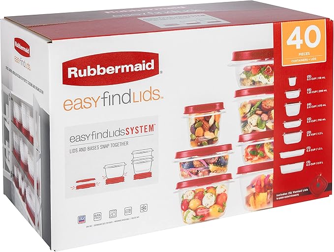 Rubbermaid Kitchen Storage Containers, 40-Piece Assortment with Microwave Vented Lids, Red