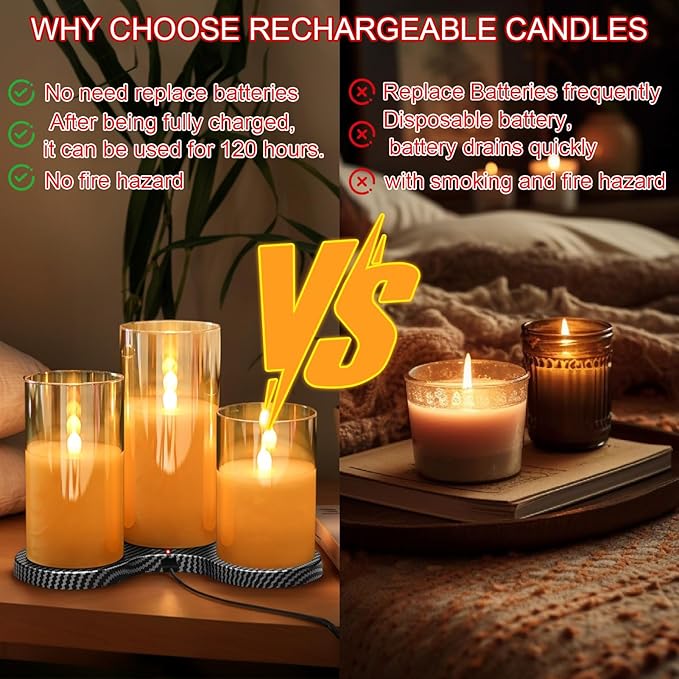 GenSwin Rechargeable Candles with Charging Station, Glass Battery Operated Flamless Candles with Remote Timer, LED Pillar Flickering Candle for Halloween Christmas Wedding Home Decor(Pack of 3, Gold)