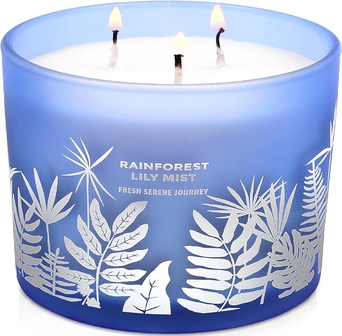 Large 3-Wick Soy Candle 14.5oz | Rainforest Lily Mist Scented Candle | Fresh Floral Aromatherapy Candle | Slow & Clean Burning | Luxury Relaxation Gift for Women and Men