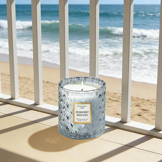 Chloefu LAN Ocean Candles Sea and Salt Candle with up to 55 Hour Long Lasting, Highly Scented, Luxury Air Freshening Jar Candles - Perfect Home Decor, Natural Soy Wax, Beach Candle, 8.1oz