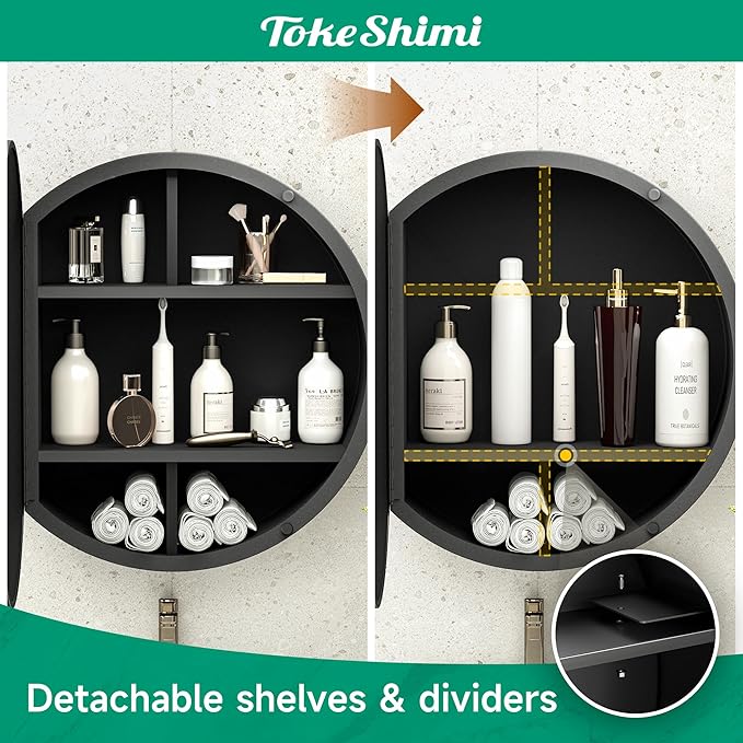 TokeShimi 28 Inch Round Medicine Cabinet for Bathroom with Mirror Surface Mount Only Black Metal Framed Mirrored Bathroom Cabinet Large Modern Farmhouse Circle Wall Mounted Vanity Mirror with Storage