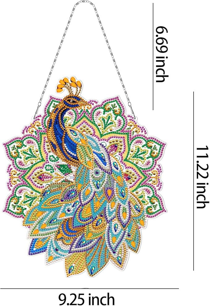 Diamond Art Painting Peacock Hanging Signs with LED Light String DIY 5D Peacock Diamond Art Wreath Hanging Pendant Special Shaped Beads Paint by Number Mosaic Kits for Garden Home Wall Spring Decor
