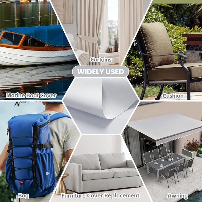 Waterproof Marine Canvas Fabric by The Yard 58" W 600D PVC Backing Water-Resistant Polyester Fabric Upholstery Material for Outdoor Indoor Marine Awning Tent Boat Furniture Cover DIY, 3 Yards White