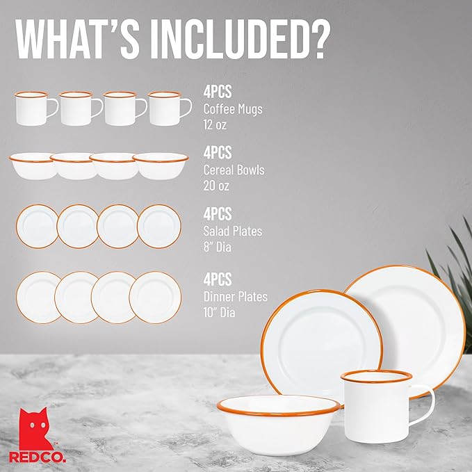 Red Co. 16-Piece Enamelware Metal Dinnerware Set for 4, Solid White/Orange Rim