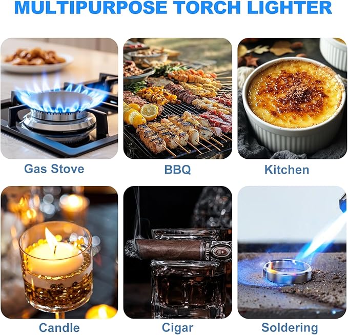 Torch Lighter, Butane Lighter, Adjustable Big Jet Flame Butane Torch, Windproof Refillable Gas Long Torch Lighter with Safety Lock for Candle Grill Camping BBQ Kitchen Soldering, Gas Not Included