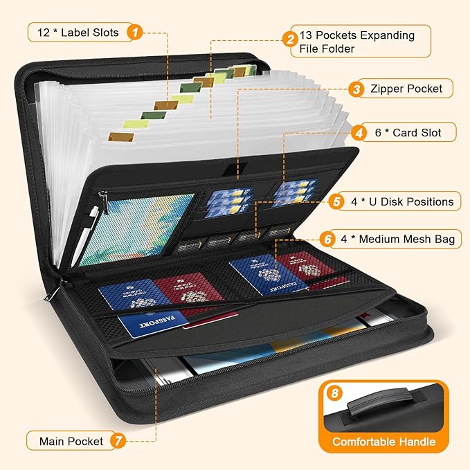 Accordion File Organizer-13 Pocket Fireproof Expanding Document Folder with Handle & Labels, Portable&Expandable Home/Office/Travel Binder Storage Safe for Important A4 Papers Letter