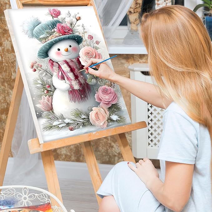 Bowetile Christmas Paint by Numbers for Adults Beginners Framed, Adults' Paint-by-Number Snowman Kits on Canvas, Acrylic Number Painting Christmas Gifts for Home Decor, 8x12in