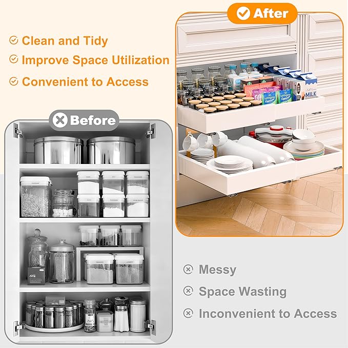 Kiseely 2 Pack Pull Out Cabinet Organizer Expandable, Adjustable Width 12.6"-20.6", Slide Out Drawers and Roll out Drawer for Pots and Pans, Adhesive No Drill Screw (White ND1)