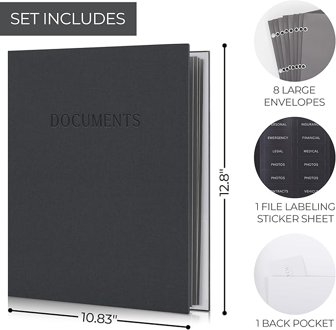 Sturdy Document Organizer Set with Folders - Beautiful Linen 3-Ring Binder Safely Stores All Important Documents & Files in One Place - Easy to Use Expanding Storage Incl. Envelopes, Pockets & Labels