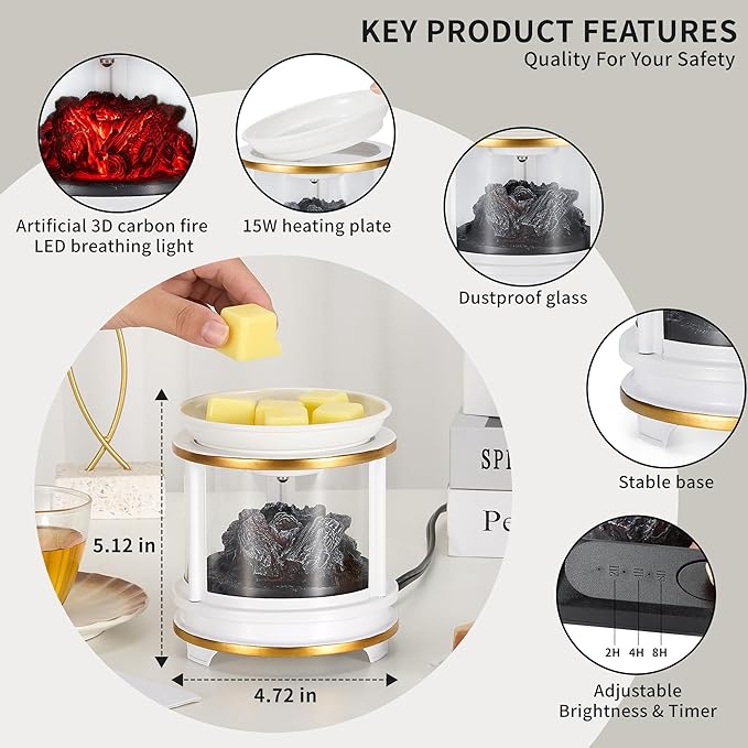 MOAFINA White Campfire Wax Melt Warmer with Timer, 3D LED Flameless Electric Wax Warmer, 4-in-1 Fragrance Warmer for Home Bedroom Office Gifts & Decor