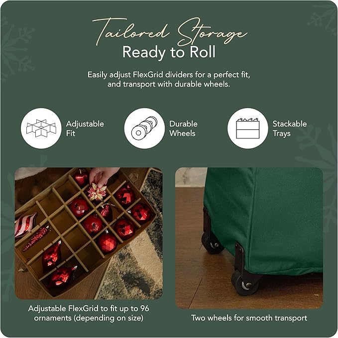 Covermates Keepsakes Rolling Adjustable Ornament Storage Bag – Heavy-Duty Polyester, FlexGrid Trays & Padded Dividers – Protective Holiday Organizer with Wheels, Handles & ID Window, Green