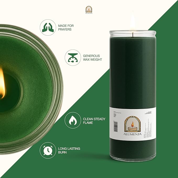 Bulk 6 Pack Green 7 Day Candles in Glass Jar – Paraffin Wax, Clean Burning Unscented | Large & Tall Devotional Prayer Pillar Candles for Home, Memoria, Spells, Long Lasting