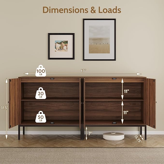 Yechen Set of 2 63" Walnut Sideboard Cabinet with Natural Rattan Doors, Buffet Console & Accent Cabinet, Rattan Credenza Storage with Metal Legs for Living Room, Kitchen, Dining Room