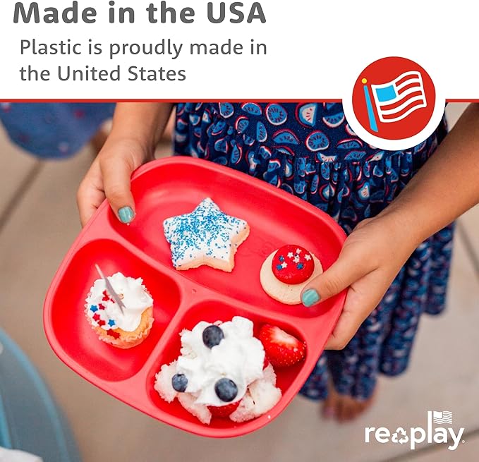 Re-Play Toddler Plates with Dividers - Deep-Walled 3 Compartments Divided Plates for Kids - Dishwasher & Microwave Safe - Made in USA - Set of 4-7.37" x 7.37" x 1.25" - Bubble Pop