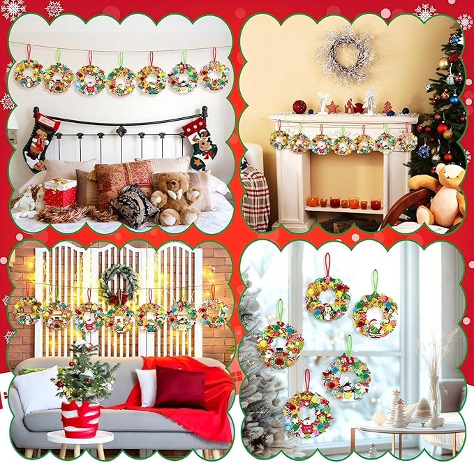 Hollowfly 48 Sets Christmas Wreath Craft Kits for DIY Santa Claus Wreath Hanging Ornaments Make Your Own Paper Xmas Craft with Stickers for Christmas Party Favors School Classroom Activities