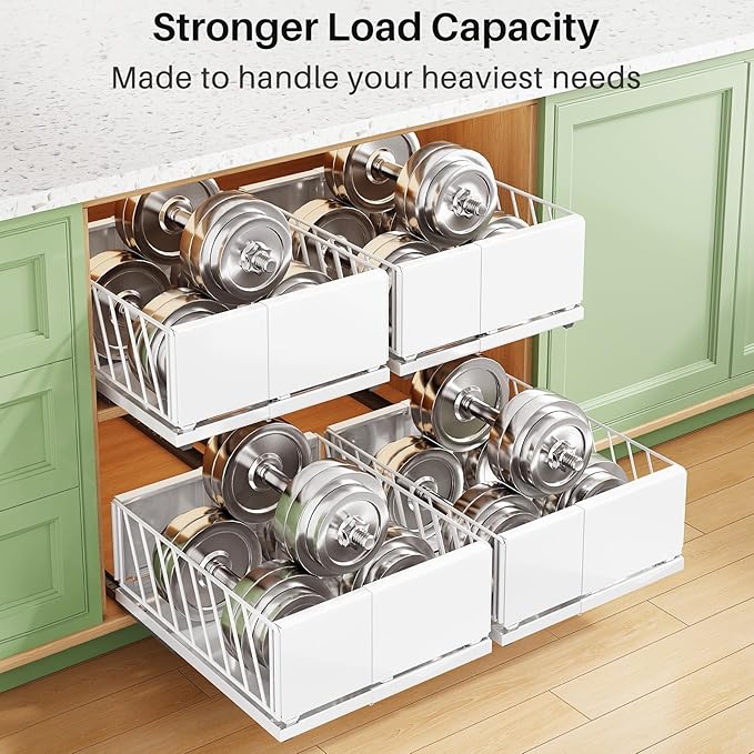 Pull out Cabinet Organizer, 1-Pack Expandable Width(9.8"-13.8") Heavy Duty Slide out Drawers with Raising Pad for Framed Cabinets, Adhesive Roll Out Shelves for Pantry, Kitchen,Bathroom Storage(White)