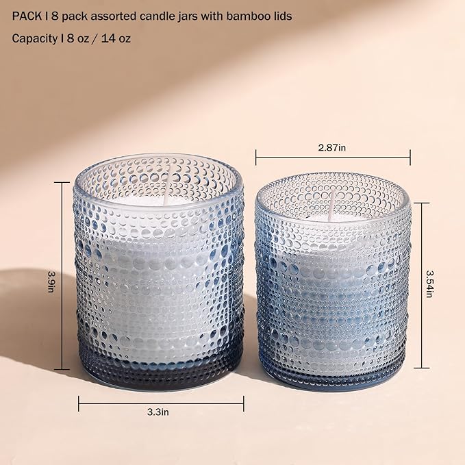 DEVI Assorted Blue Glass Candle Jars for Making Candles (8 Pack),8 oz & 14 oz Candle Jars with Bamboo Lids & Labels, Bulk Empty Storage Containers, Candle Tins Making Supplies, Blue Table Decor