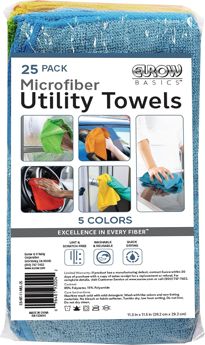 Eurow Microfiber Ultra-Absorbent Cleaning Cloths, Lint-Free & Streak-Free, Reusable & Machine Washable, Home, Kitchen, Auto Detailing, 5 Colors for Easy Organization, 11.5 x 11.5 Inch, 25-Pack