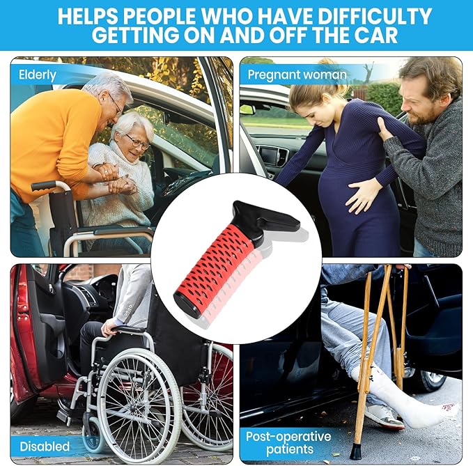 CAidRE Car Door Handle for Elderly, Car Handle Assist Support, Portable Elderly Assistance Mobility Aids Auto Grab Cane with Strap for Seniors and Handicapped Getting Out of Car, Red, 2 Pack