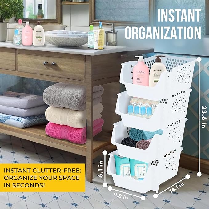 Skywin TidyFriend Stackable Storage Bins for Pantry, 4 Pack Stackable Bins For Organizing Food, Kitchen, and Bathroom Essentials (White)