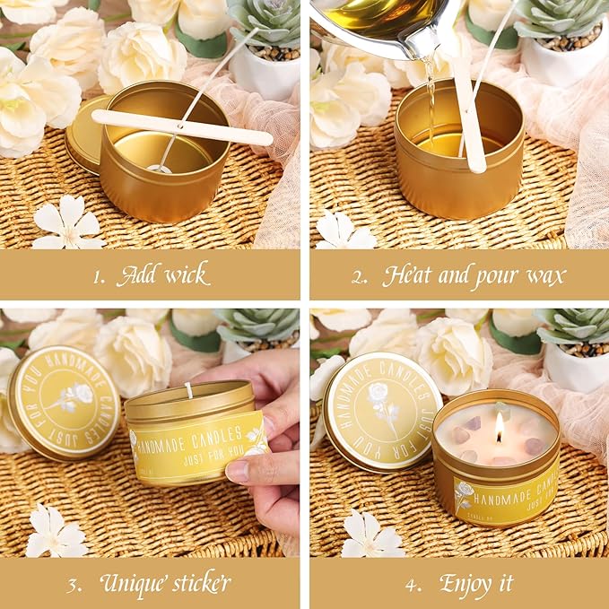 CONNOO 48 Pack Candle Tins - 24pcs 8oz + 24pcs 4oz Matte Gold Candle Jars with Lids for Making Candles, Bulk Empty Candle Containers with Sticky Warning Labels for Candle Making, Storage, and Gift