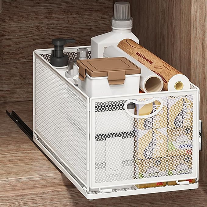 Pull Out Cabinet Organizer, No Drill Adhesive Sliding Drawers for Kitchen, Metal Mesh Wire Storage Shelf for Pantry & Under Sink, White (9.6" W x 15.7" D x 8.4" H)