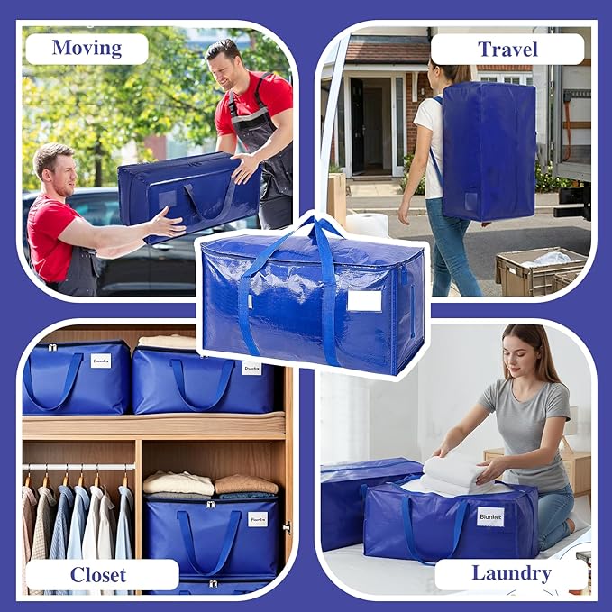 Extra Large Storage Bags, 23 Gallon Capacity, Pink Waterproof Moving Totes with Handles and Label Pocket, Heavy Duty Zipper (2 Pack Blue)