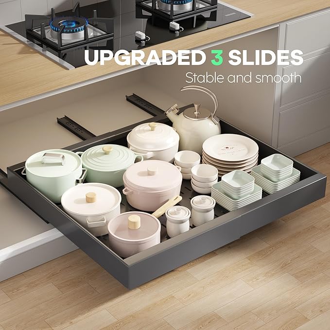 Seinloes 2 Pack Pull out Cabinet Organizer 21" Deep With Raising Pad for Framed Cabinets,Expandable (15.2"-26.3"W) Slide out Drawers for Kitchen Cabinets with 4pcs Divider Racks,Roll out Shelves,Black