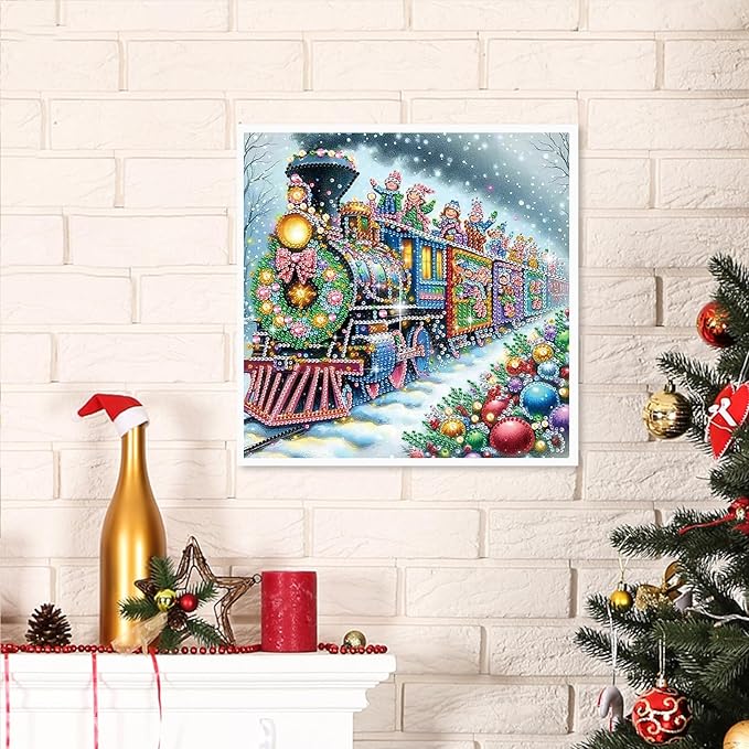 Xmas Train 5D Special Shape Diamond Art Kits for Beginners, Christmas Winter Theme Diamonds Painting Kits for Adults,DIY Crystal Rhinestones Diamond Paintings for Home Wall Decor 12×12Inch