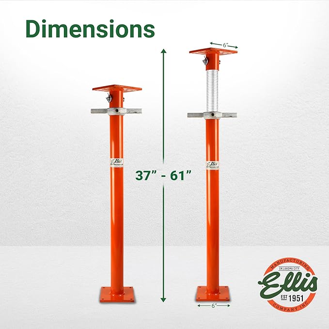Ellis Manufacturing Light-Duty Steel Construction Jack - Adjustable Screw Jack Post for Floor Leveling, Beams, and Concrete - 12,000 lb Load Capacity - 37"-61" Adjustment, House Jacks for Leveling