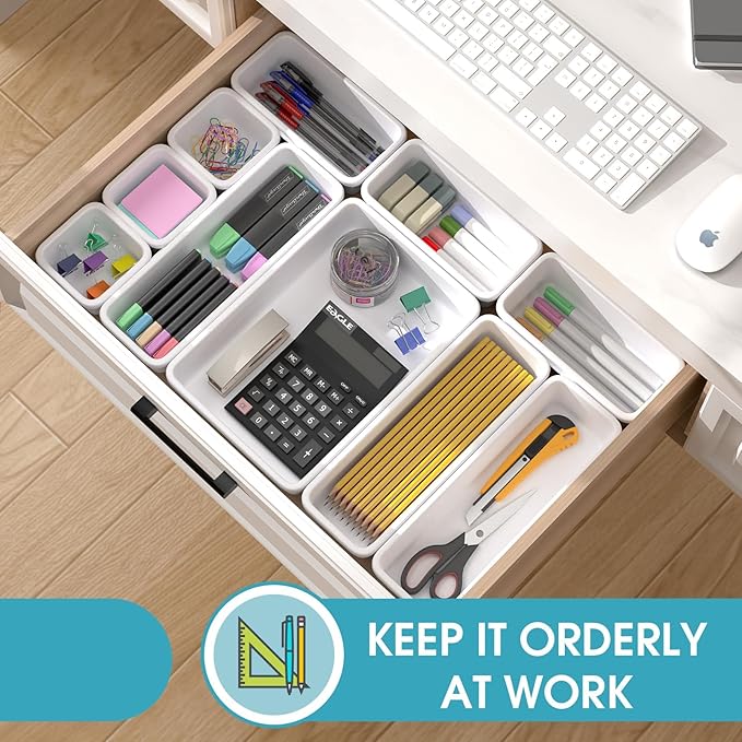 10 PCS Drawer Organizer Set, 4 Size Makeup Drawer Divider Organizer With Non-Slip Pads, Interlocking Plastic Storage Bins for Office,Jewelry Vanity,Gadgets, Bathroom,Kitchen, White