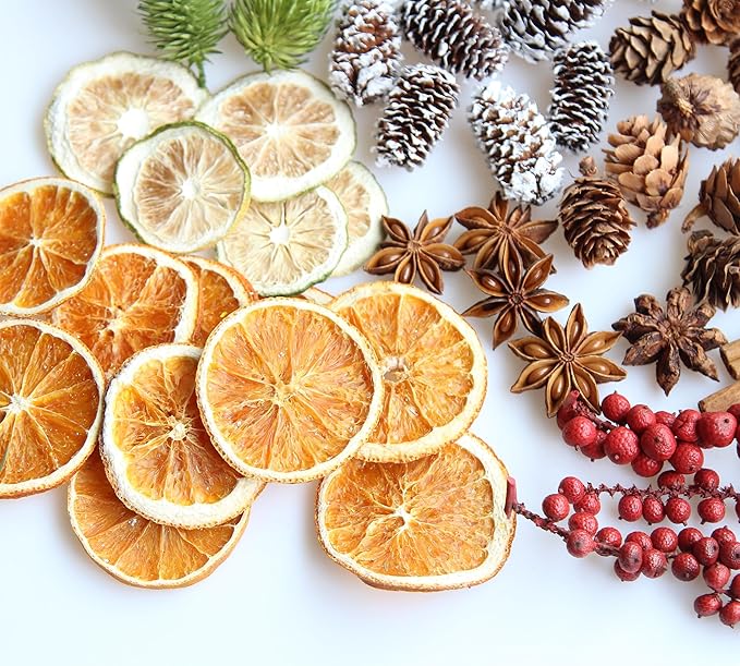 DIY Natural Dried Flower Kit - Bulk Dried Plants, Pine Cones, Scented Lemon Slices, Cinnamon Sticks Wood Roses & Mini Pinecones for Home Décor, Christmas Decoration (Orange - A)