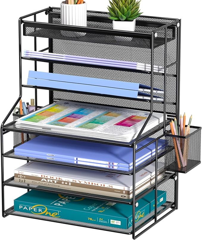 7 Tier Desk File Organizer – Vertical File Organizer for Desk with Removable Pen Holder & Adjustable Pull-out Drawer – Metal Document Organizer for Office, Simple Trending Design – Black