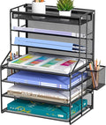 7 Tier Desk File Organizer – Vertical File Organizer for Desk with Removable Pen Holder & Adjustable Pull-out Drawer – Metal Document Organizer for Office, Simple Trending Design – Black