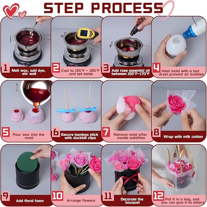 Rose Bucket Candle Kit Handmade Gift Soy Wax Beads for Candle Making Rose Silicone Mold 3D Flower Candle Molds All in One Kit Accessories Set Valentine's Day Gift (Black)
