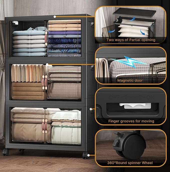 Extra Large Stackable Storage Bins with Lids & Wheels, Foldable Collapsible Closet Organizers Dark Storage Cabinet with Doors for Bedroom Dorm