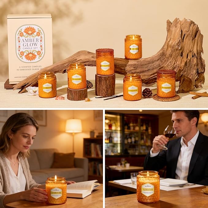 6 Pack Natural Soy Wax Jar Candles for Home, Scented Aromatherapy Gift Set for Women, 33 oz 240 Hour Long Lasting, for Birthday, Valentine's Day, Amber