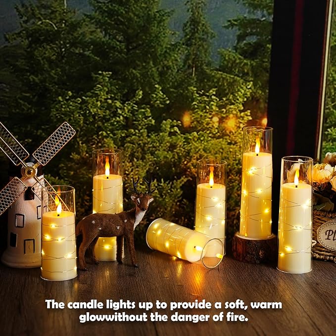 Sasigeiaa Flameless Candles with Embedded Star String - Battery Operated LED Candles, with Remote,12 Ivory Flickering Candles for Christmas, Weddings, Home Decor & Party,(D 2.3"×H 5" 6" 7")