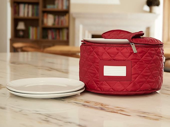 Covermates Keepsakes Dish Storage Case – Padded China & Dinnerware Organizer, Quilted Polyester Protection, ID Window, Zipper Closure, Machine Washable, Red