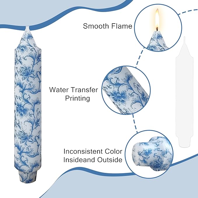 7 Inch Blue and White Tapered Candles Short Floral Candle Sticks Hand Poured Unscented Smokeless Clean Burning Candles for Dining Table Everyday Meals Family Dinner Elegance