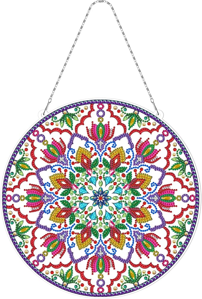 5D Diamond Art Painting Mandala Hanging Signs with LED Light String DIY Mandala Diamond Dots Hanging Ornament Special Shaped Rhinestones Paint by Number Embroidery Kits for Home Wall Front Door Decor