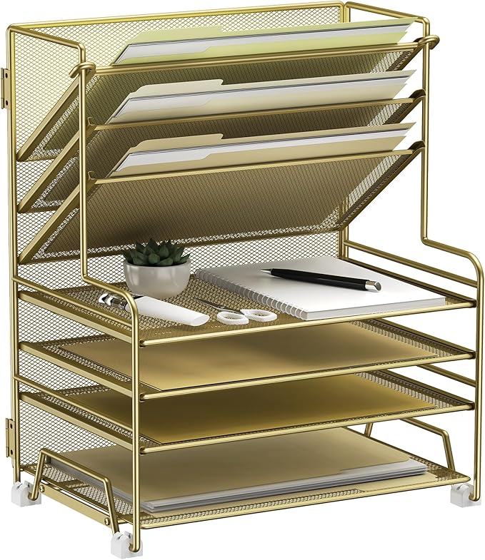 MINDEPOT 4-Tier Paper Organizer + 3-Pocket File Holder + Drawer + Pen Holders, Desktop File Organizers Paper Tray for Office Supplies School Classroom Organization (Gold, no Drawer & Pen Holder)