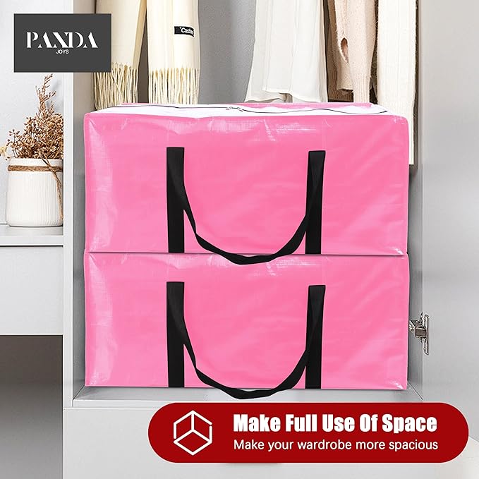 PANDA JOYS 8 Pack Extra Large Moving Bags with Zippers & Carrying Handles, Heavy-Duty Storage Tote for Space Saving Moving Storage, Fold Flat, Alternative to Box and Bin,Pink